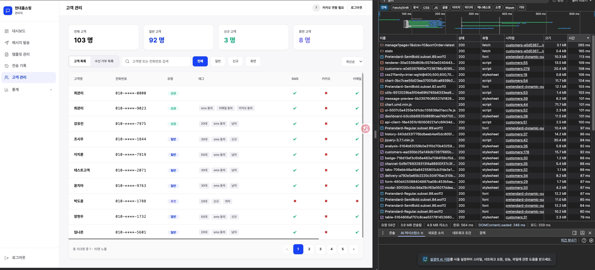 Smart Messaging System 고객 관리 화면과 Network 패널